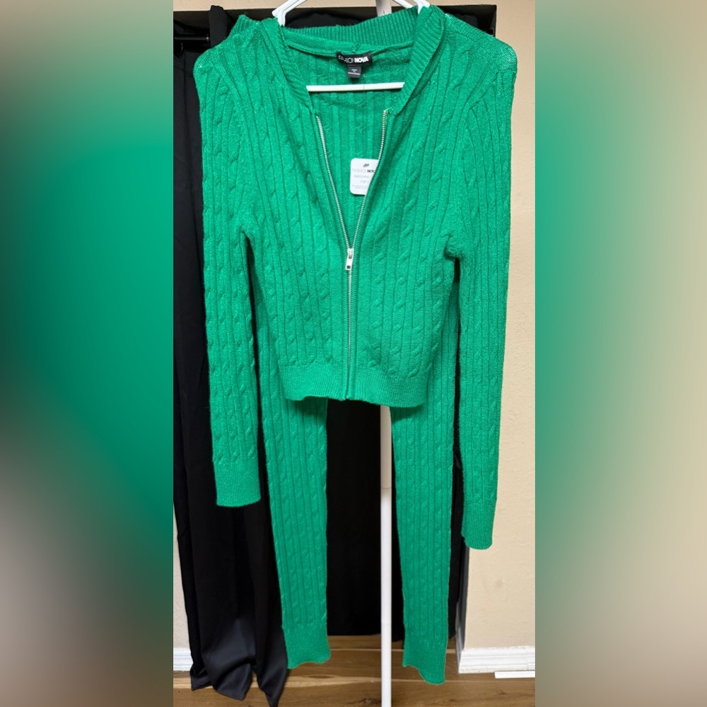 Fashion Nova Green Cable Knit Zip-Front Sweater Cardigan